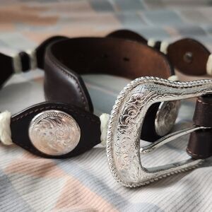 Dark Leather Belt with Silver Buckle and Silver Medallions